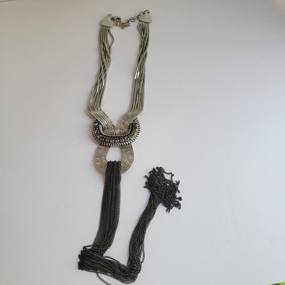 Silver Tone Gray Rhinestone Bib Necklace Chain Fringe Tassel Statement Jewelry